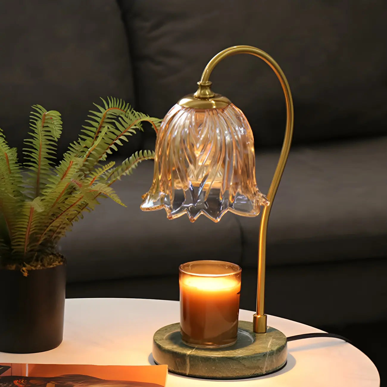 Lampe de chevet élégante en verre à motif floral avec pied porte-gobelet