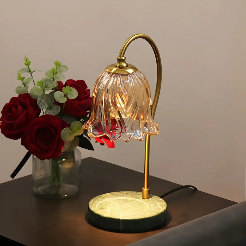 Lampe de chevet élégante en verre à motif floral avec pied porte-gobelet