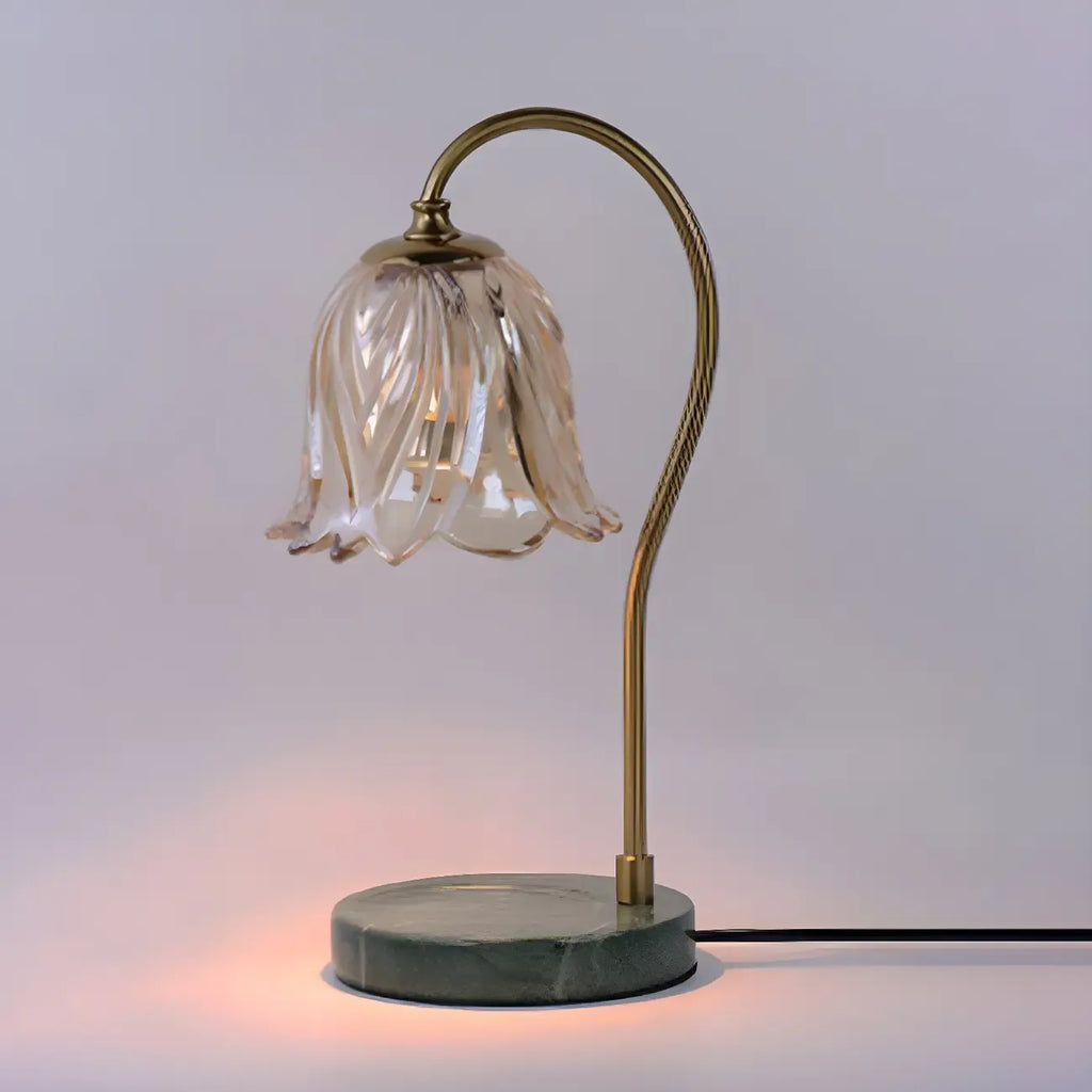 Lampe de chevet élégante en verre à motif floral avec pied porte-gobelet