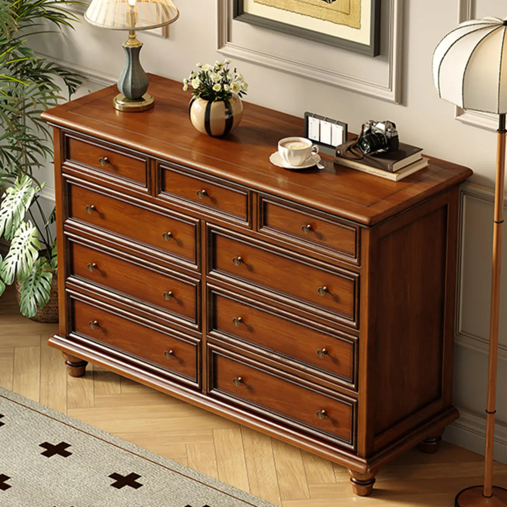 Commode double vintage en bois marron à 9 tiroirs