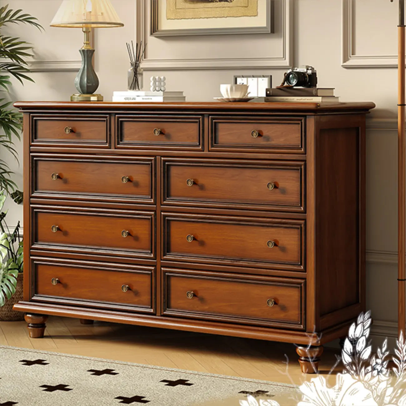 Commode double vintage en bois marron à 9 tiroirs