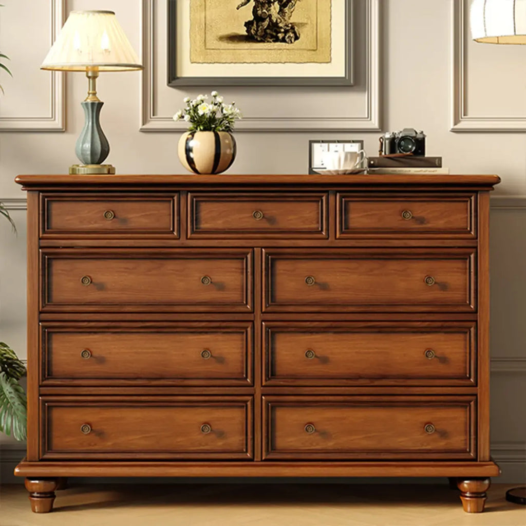 Commode double vintage en bois marron à 9 tiroirs