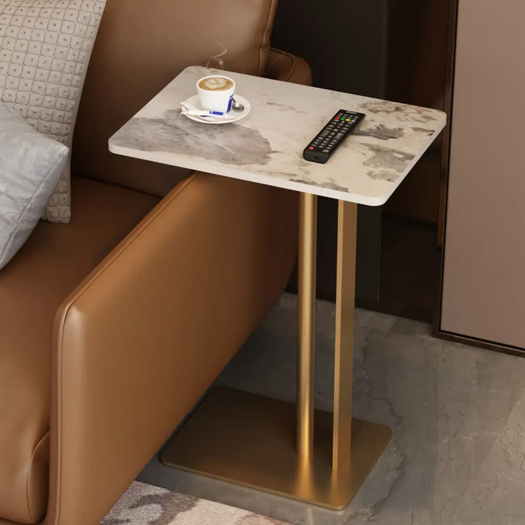 Table d'appoint minimaliste en forme de C en pierre frittée blanche pour canapé