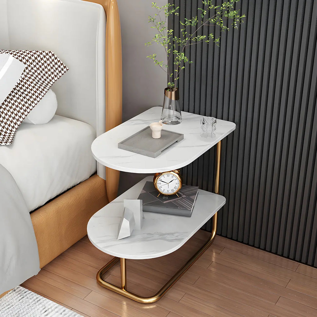 Table de chevet en métal avec comptoir en pierre et rangement ouvert