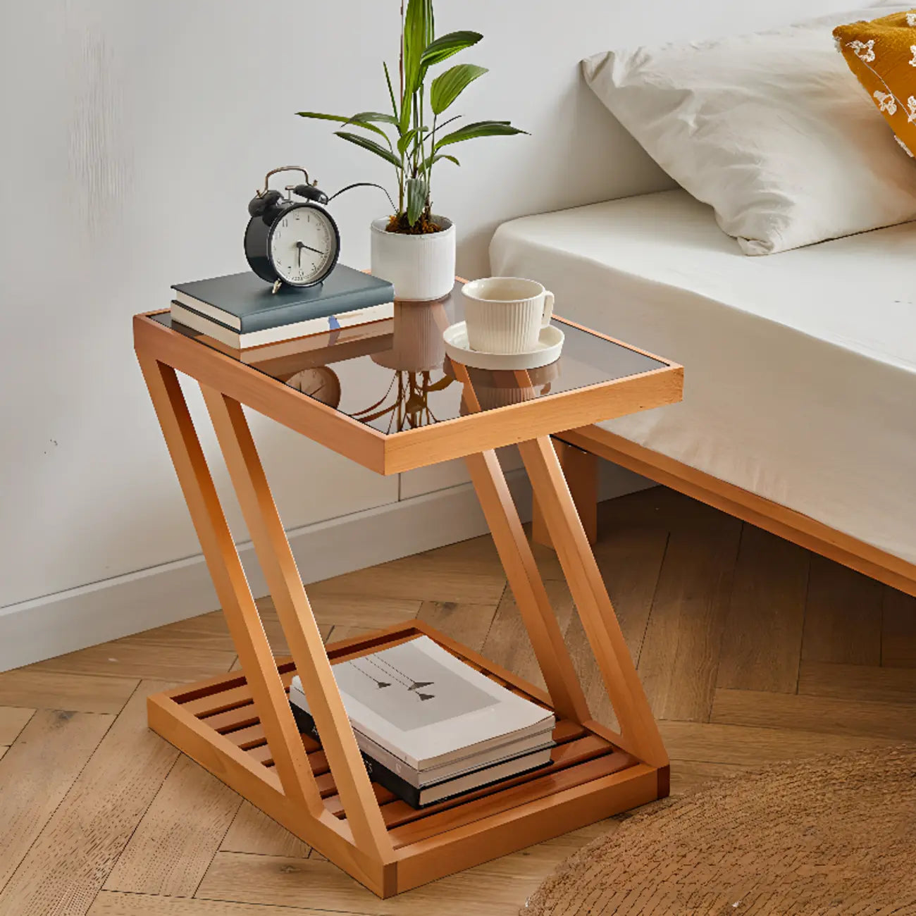 Table d'appoint en bois à 2 niveaux avec plateau en verre pour salon