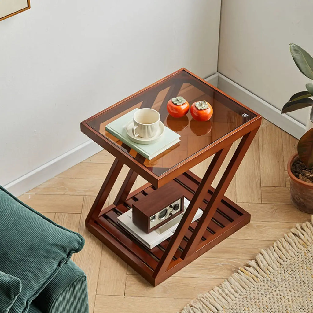 Table d'appoint en bois à 2 niveaux avec plateau en verre pour salon