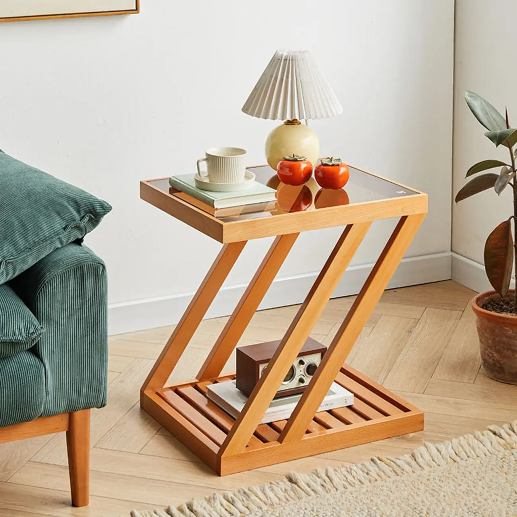 Table d'appoint en bois à 2 niveaux avec plateau en verre pour salon