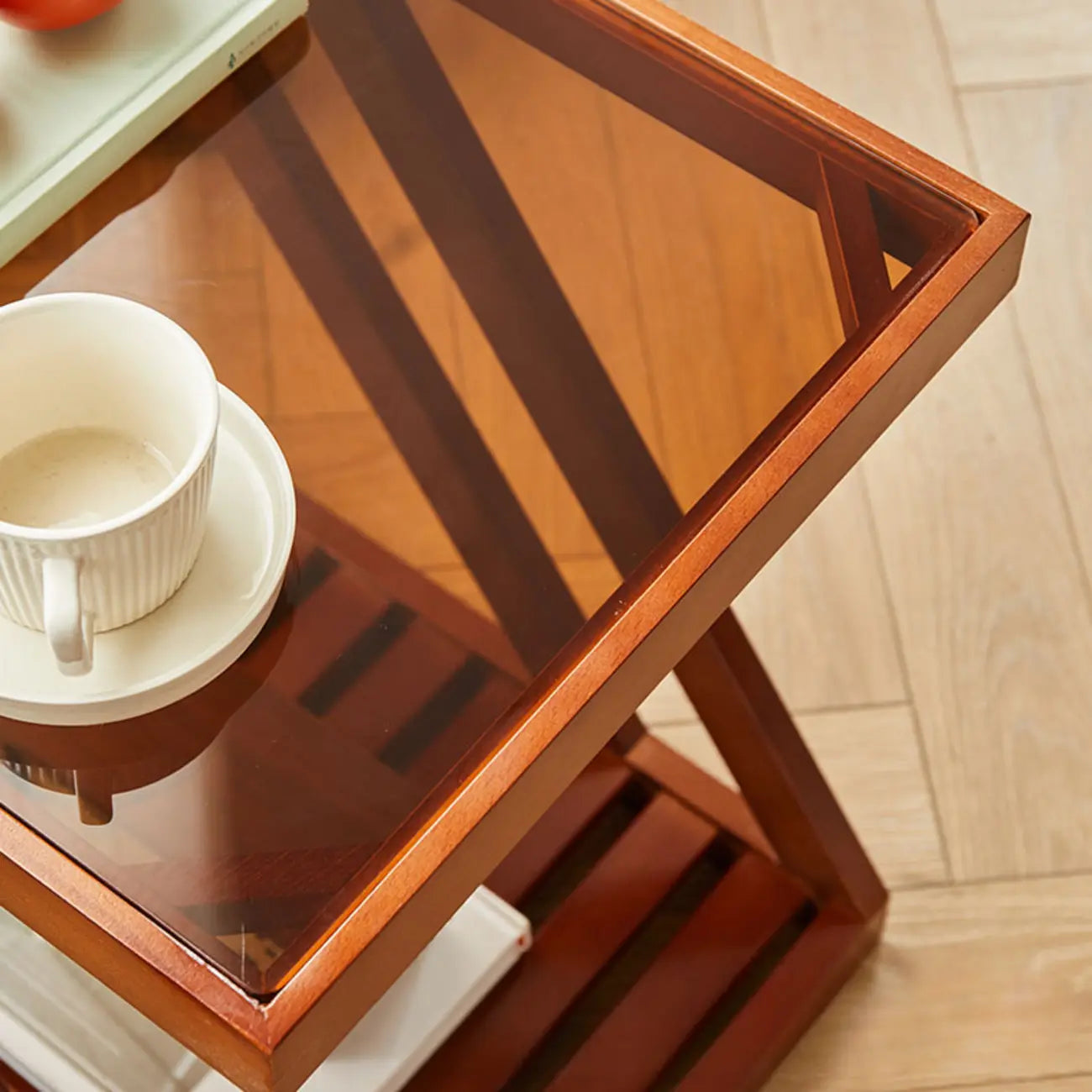 Table d'appoint en bois à 2 niveaux avec plateau en verre pour salon