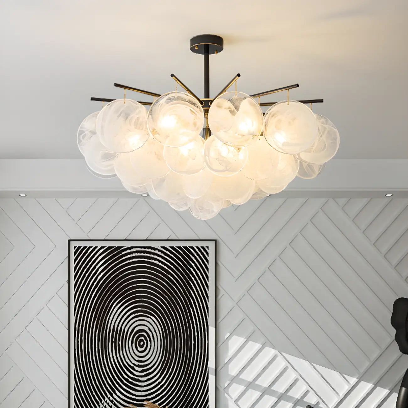 Lustre moderne à 3 niveaux en verre nuageux pour salon