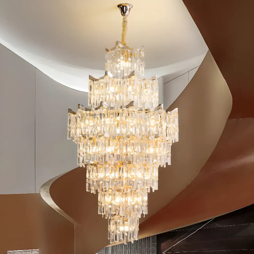 Lustre moderne de luxe en cristal à cascade pour hauts plafonds