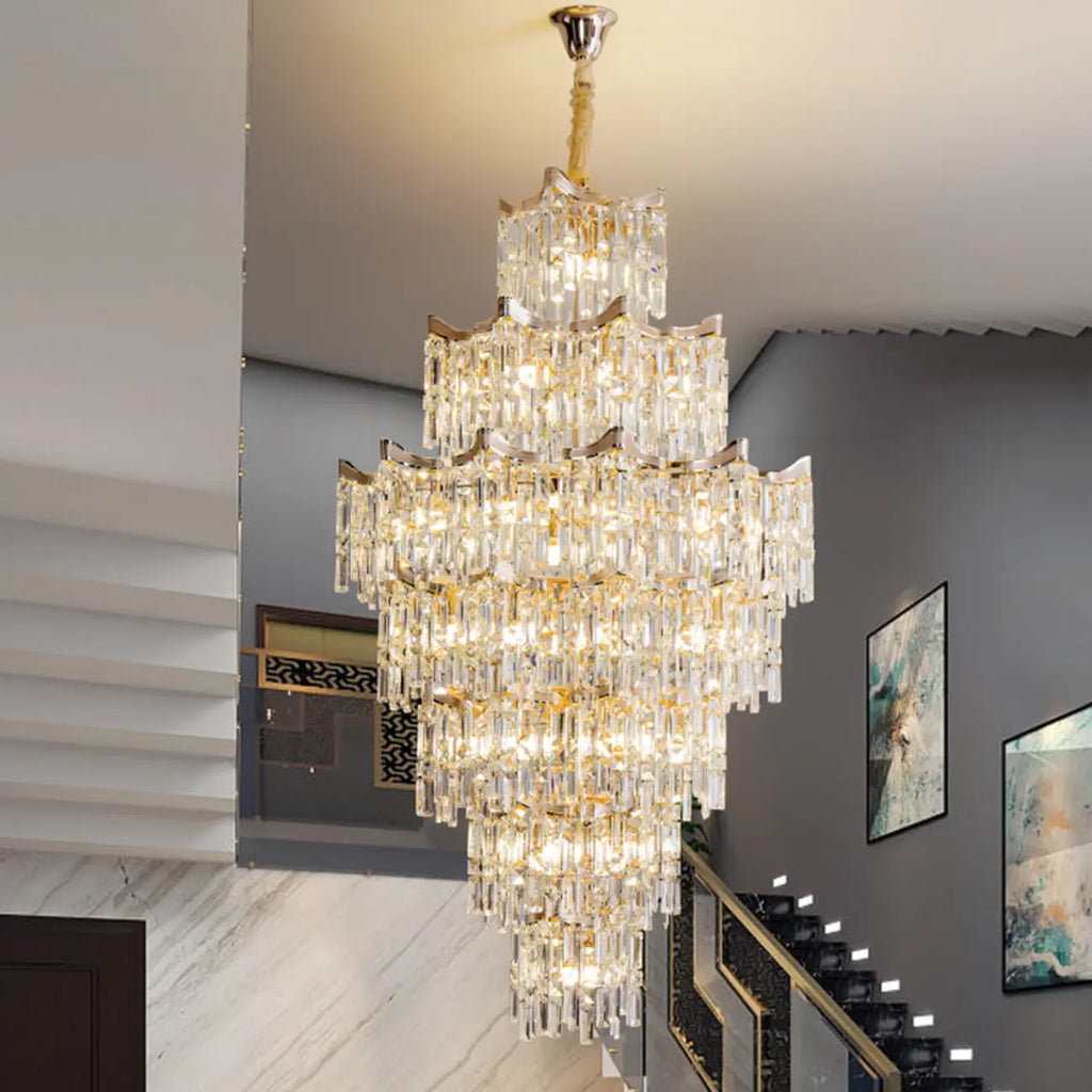 Lustre moderne de luxe en cristal à cascade pour hauts plafonds