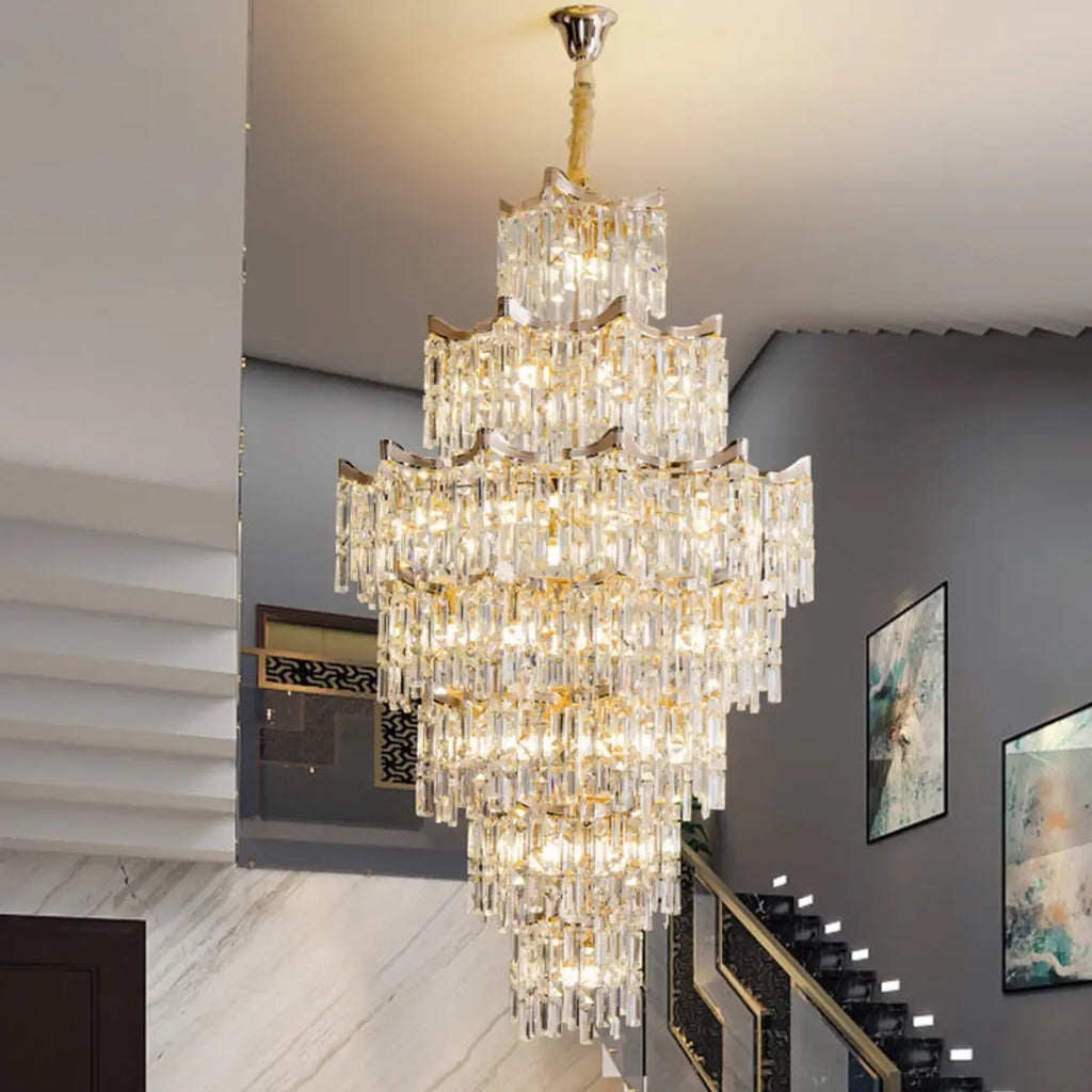 Lustre moderne de luxe en cristal à cascade pour hauts plafonds