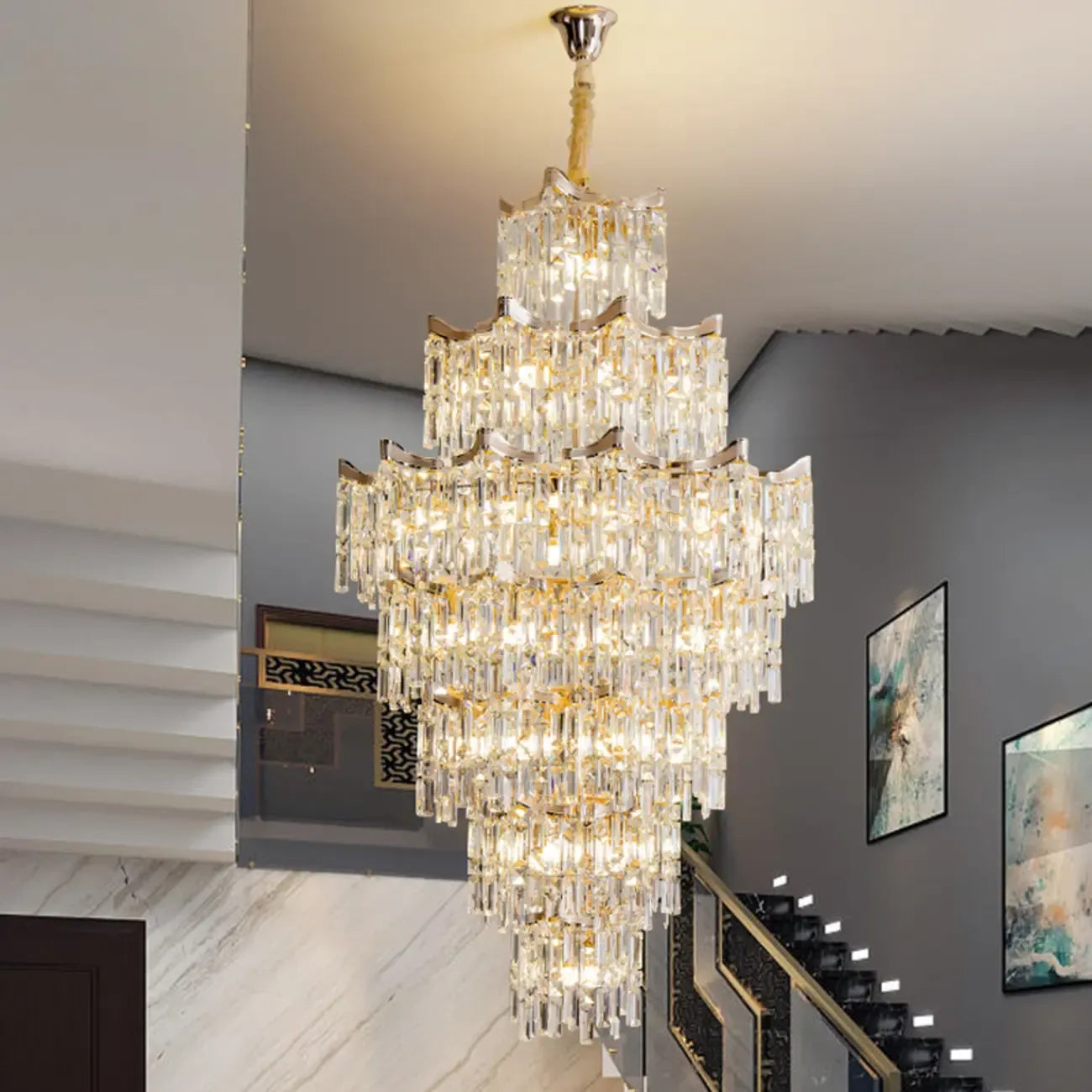 Lustre moderne de luxe en cristal à cascade pour hauts plafonds