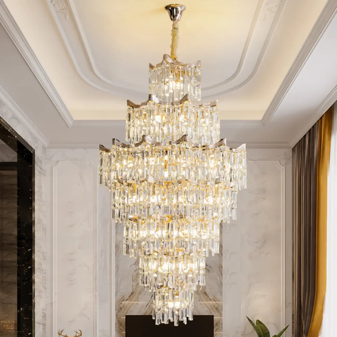 Lustre moderne de luxe en cristal à cascade pour hauts plafonds
