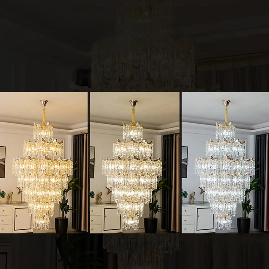 Lustre moderne de luxe en cristal à cascade pour hauts plafonds