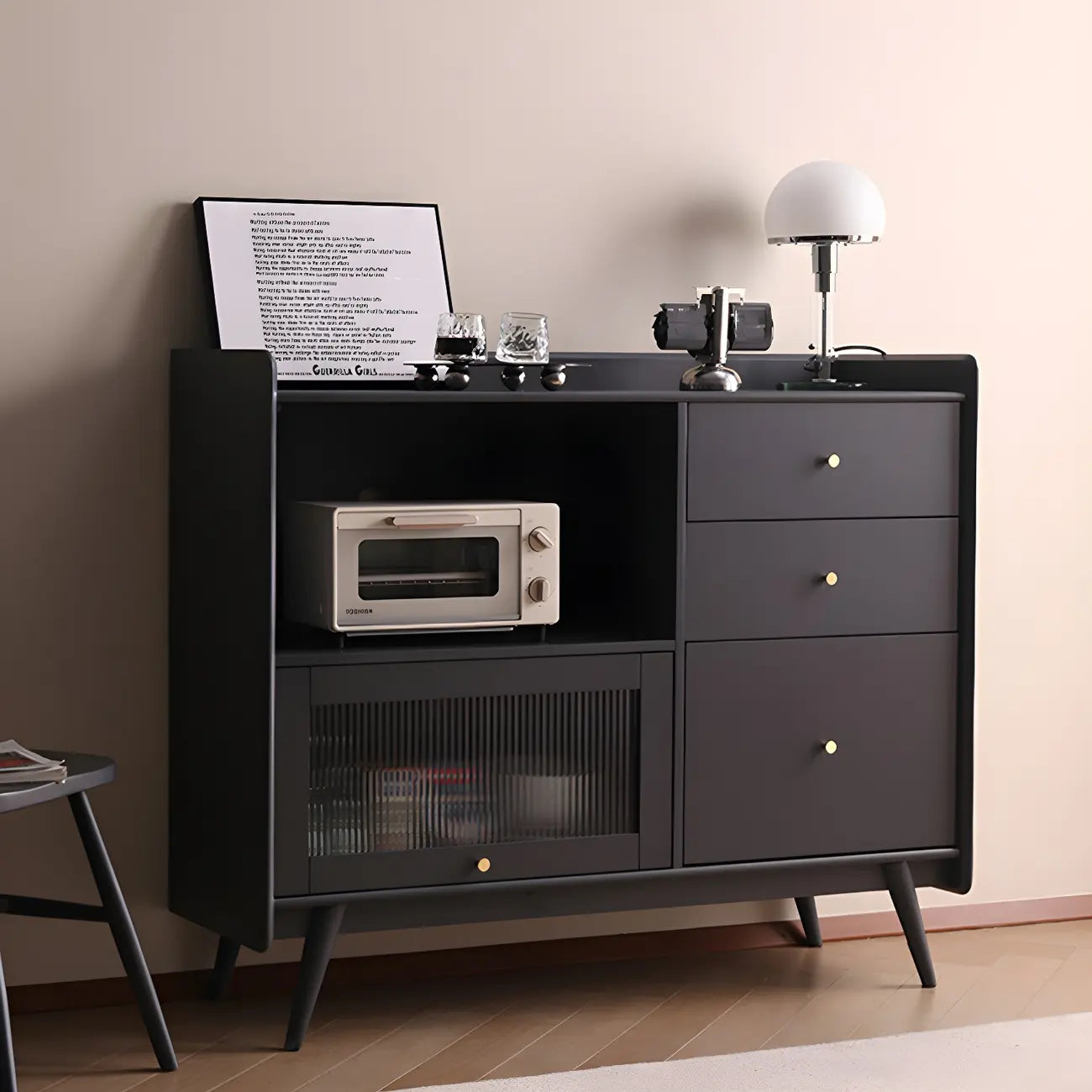 Buffet moderne à 3 tiroirs avec portes vitrées noires