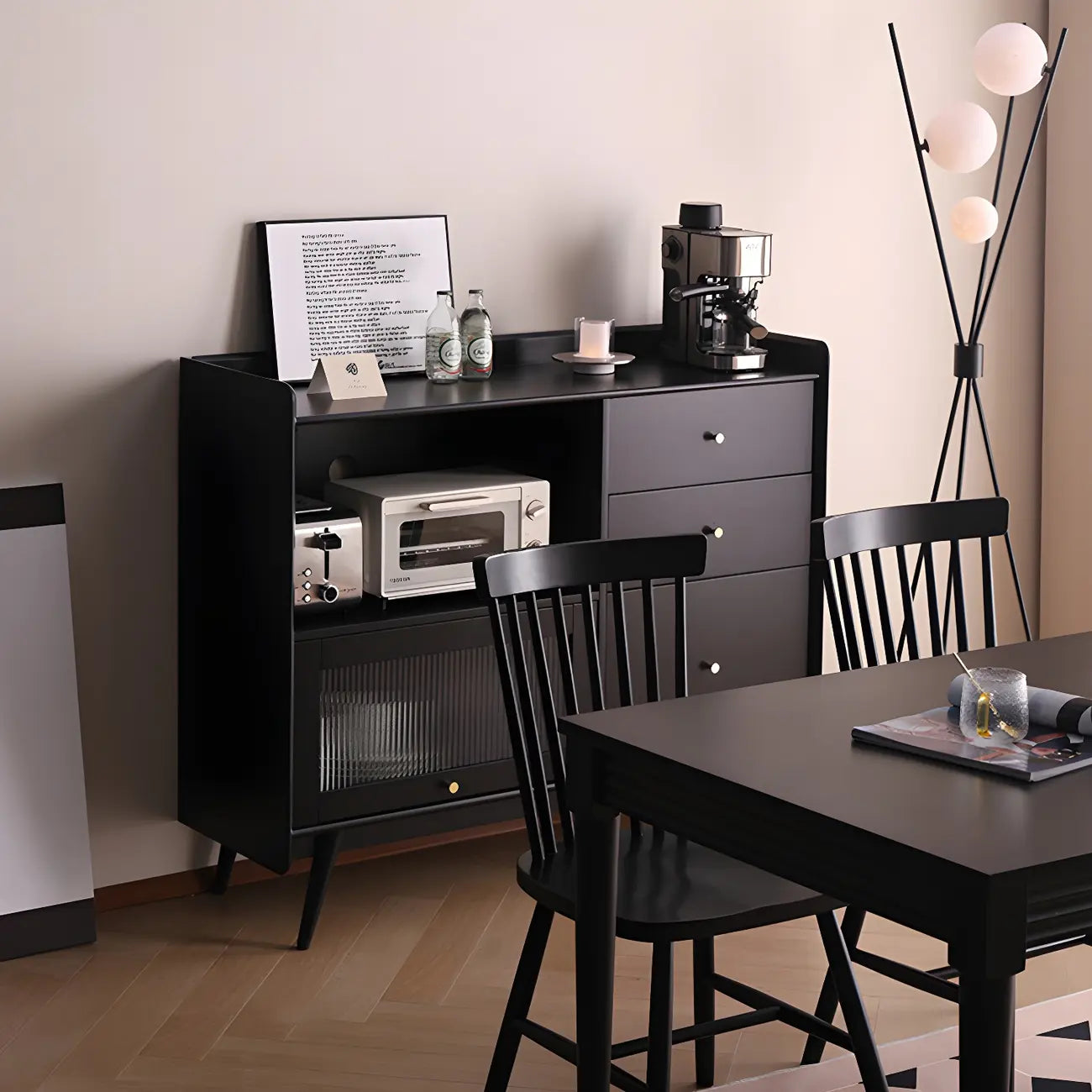 Buffet moderne à 3 tiroirs avec portes vitrées noires