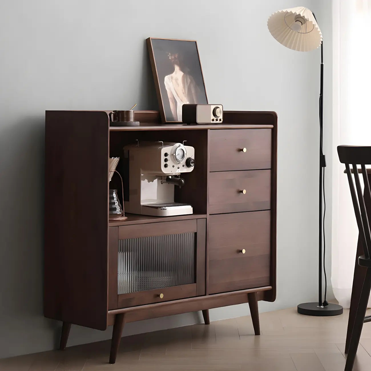 Buffet moderne à 3 tiroirs avec portes vitrées noires