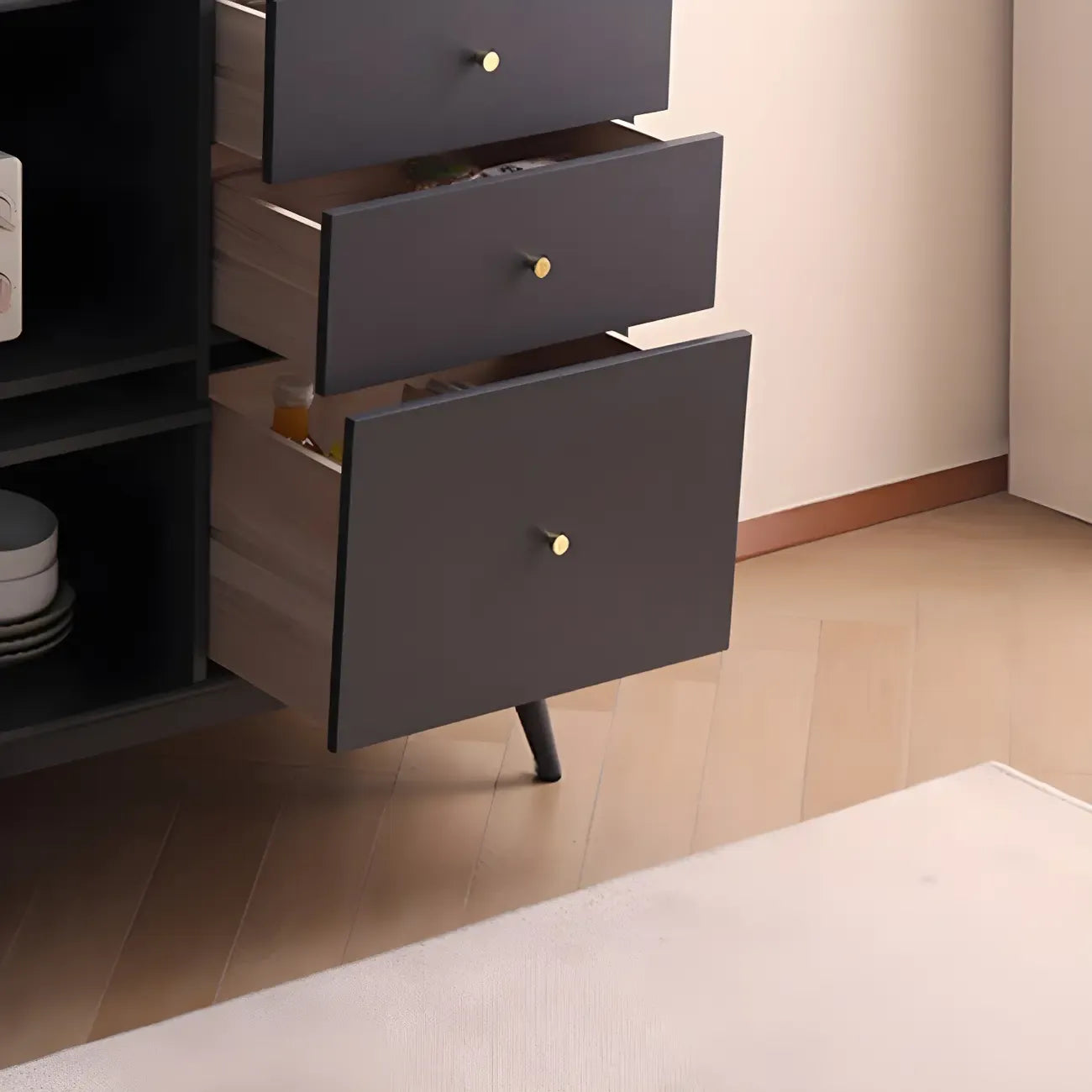 Buffet moderne à 3 tiroirs avec portes vitrées noires