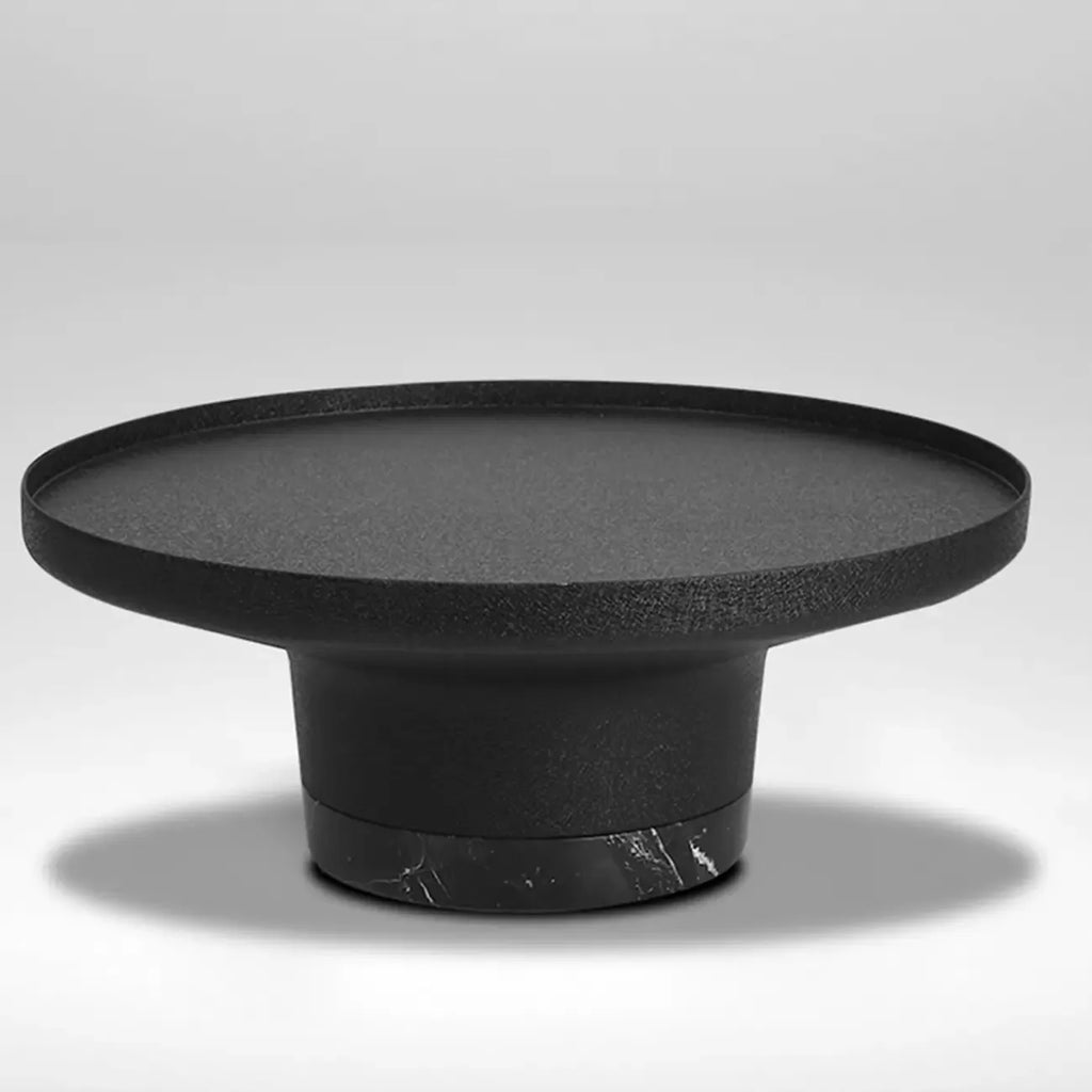 Table basse ronde moderne de petite taille, noire, avec base en marbre
