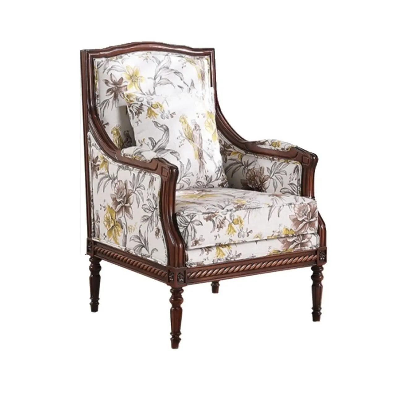 Fauteuil vintage en tissu à motif floral avec coussin