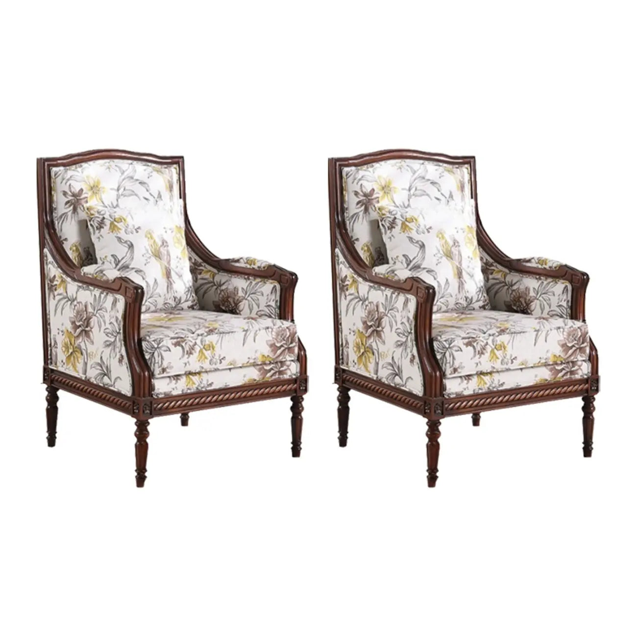 Fauteuil vintage en tissu à motif floral avec coussin