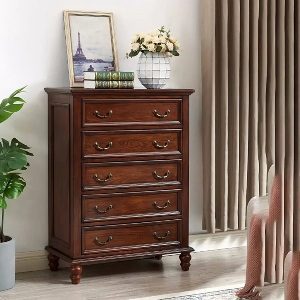 Commode traditionnelle en bois brun à 5 tiroirs pour chambre à coucher