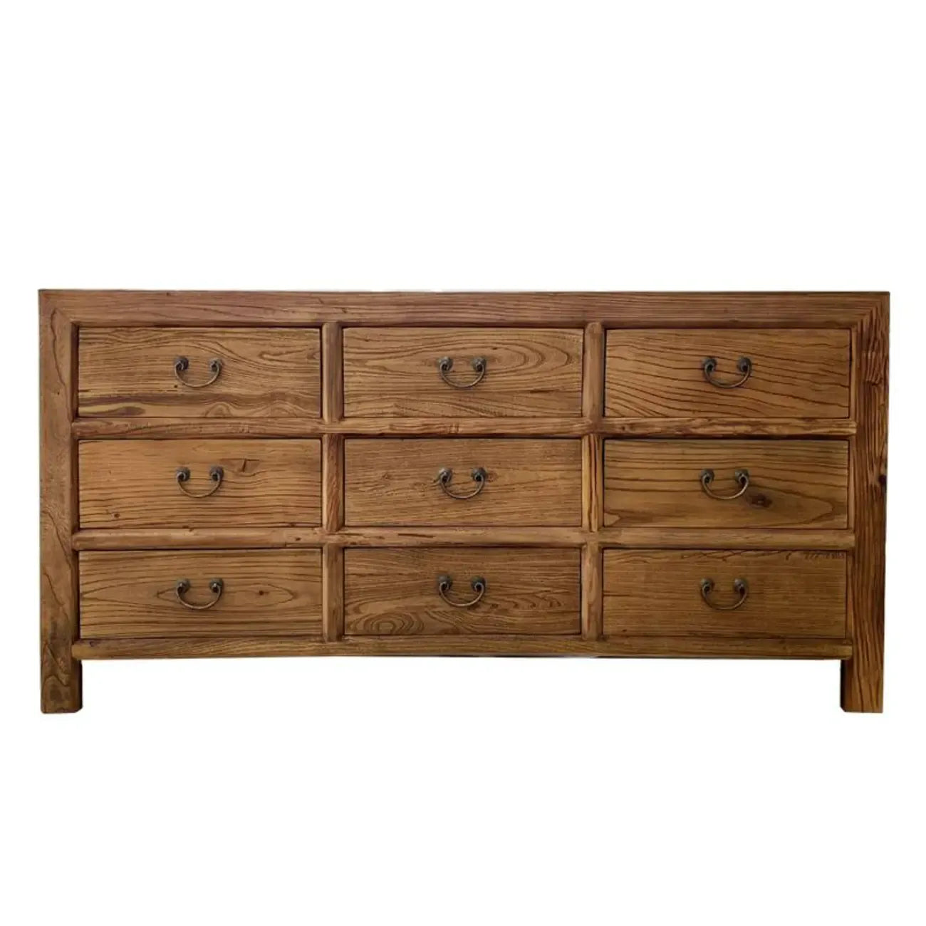 Commode console traditionnelle en bois brun avec poignées en métal