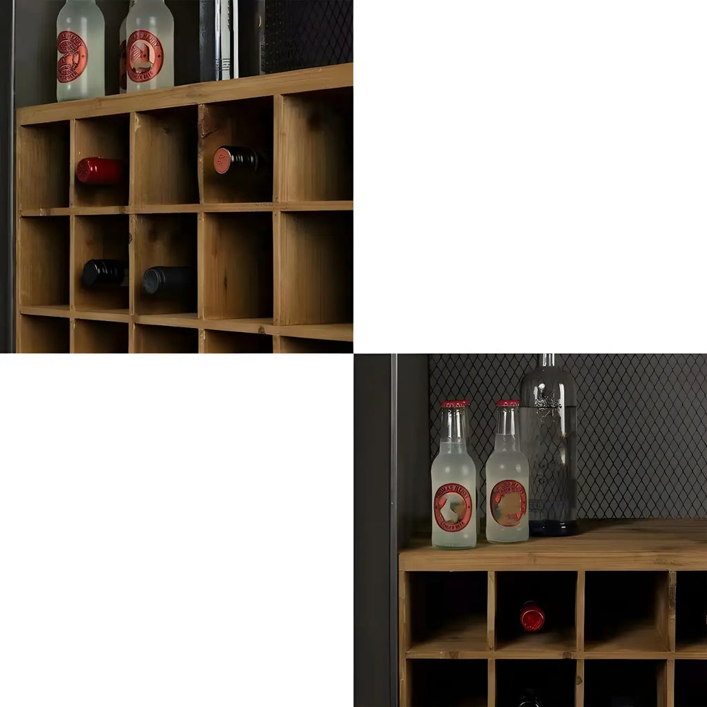 Casier à vin industriel en bois brun avec porte-verres et tiroirs