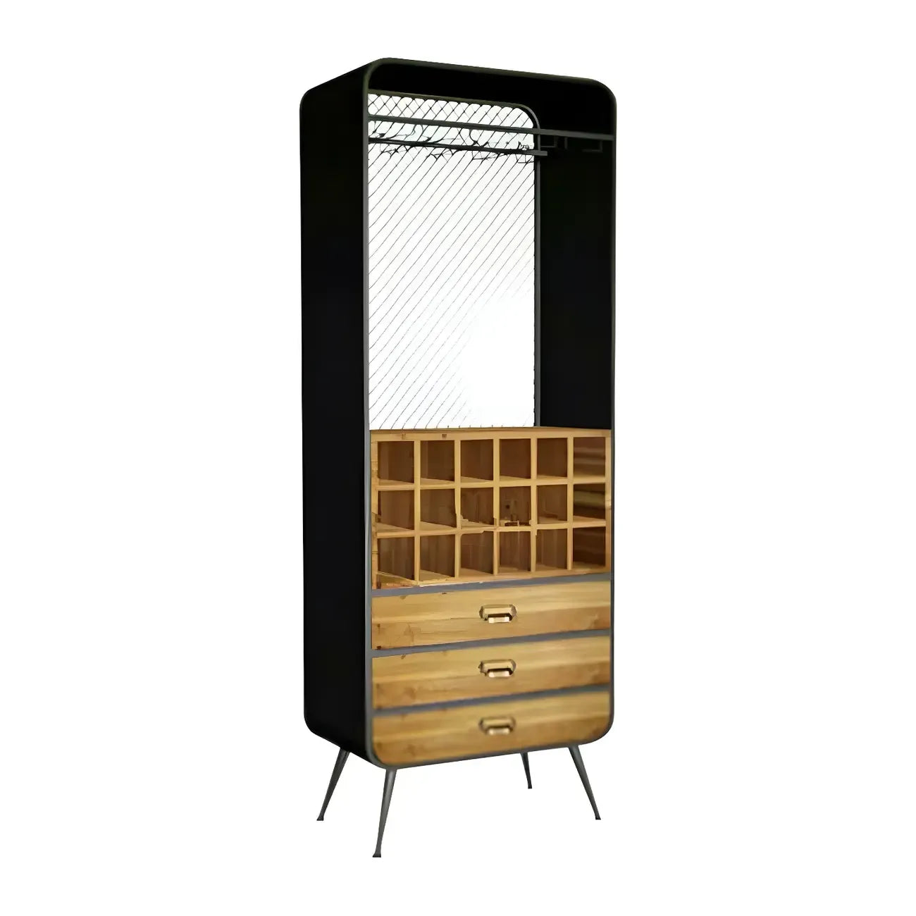 Casier à vin industriel en bois brun avec porte-verres et tiroirs