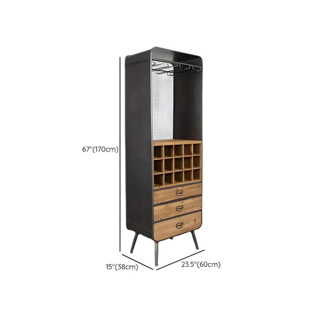 Casier à vin industriel en bois brun avec porte-verres et tiroirs