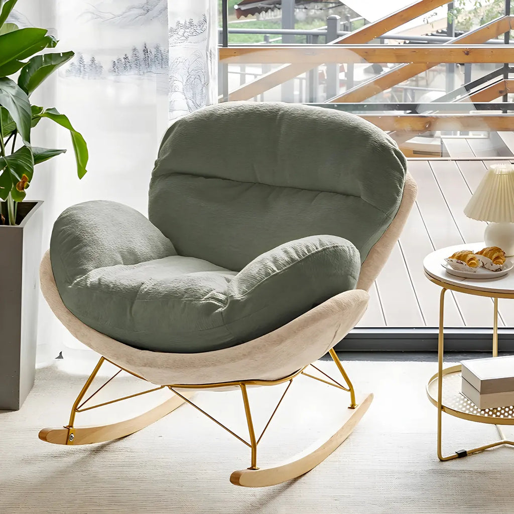 Fauteuil à bascule moderne recouvert de velours avec pieds en bois