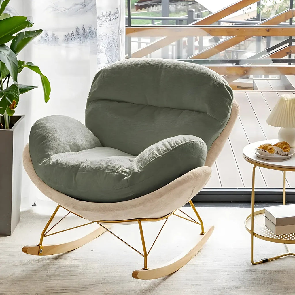 Fauteuil à bascule moderne recouvert de velours avec pieds en bois