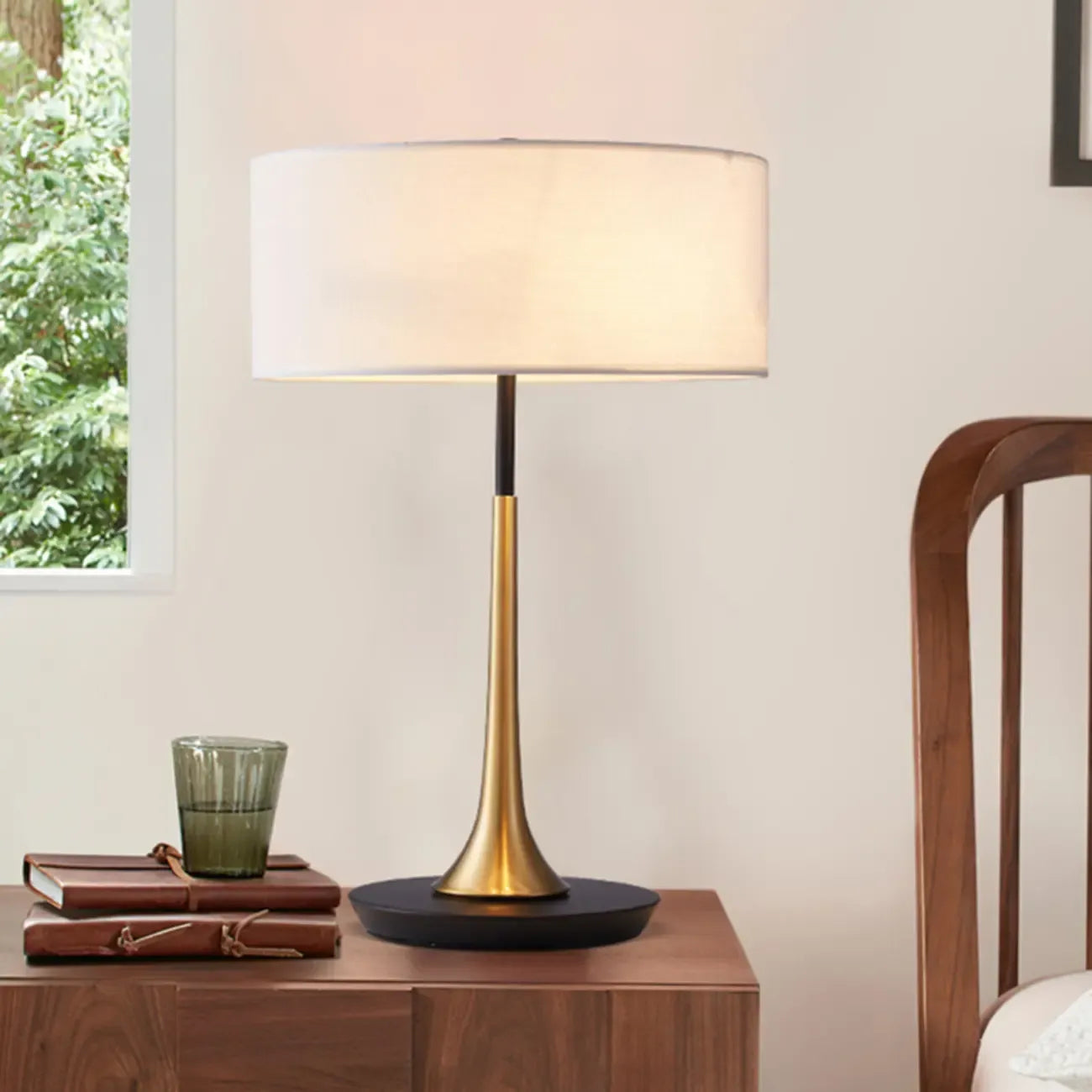 Lampe de table moderne géométrique en tissu, à brancher, pour chambre à coucher