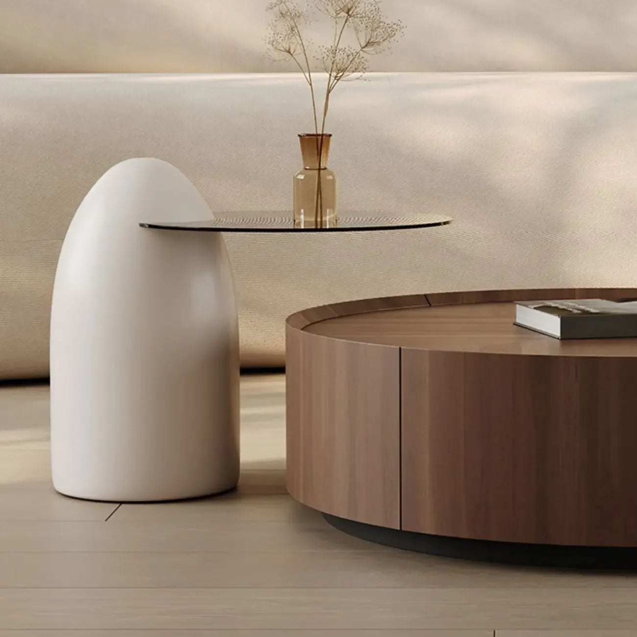 Table basse ronde en bois marron avec plateaux gigognes et 2 tiroirs