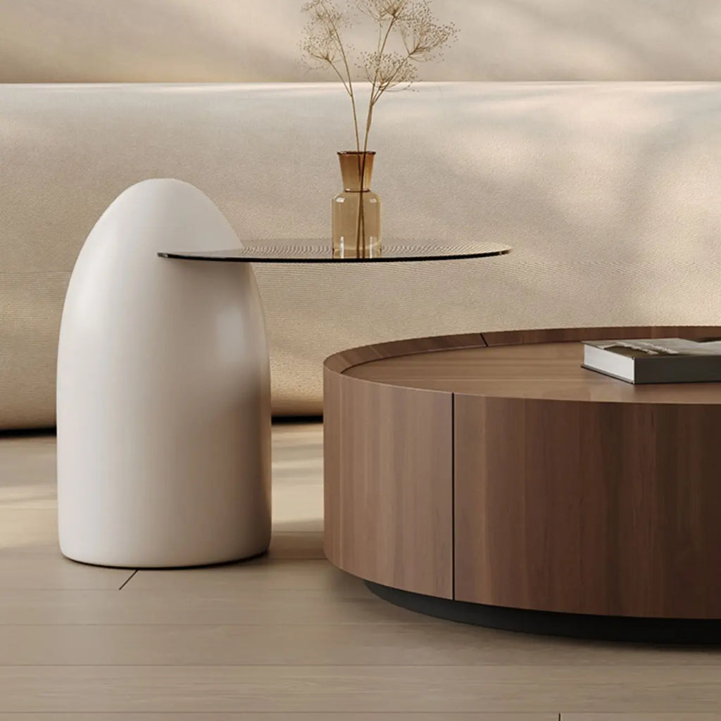 Table basse ronde en bois marron avec plateaux gigognes et 2 tiroirs