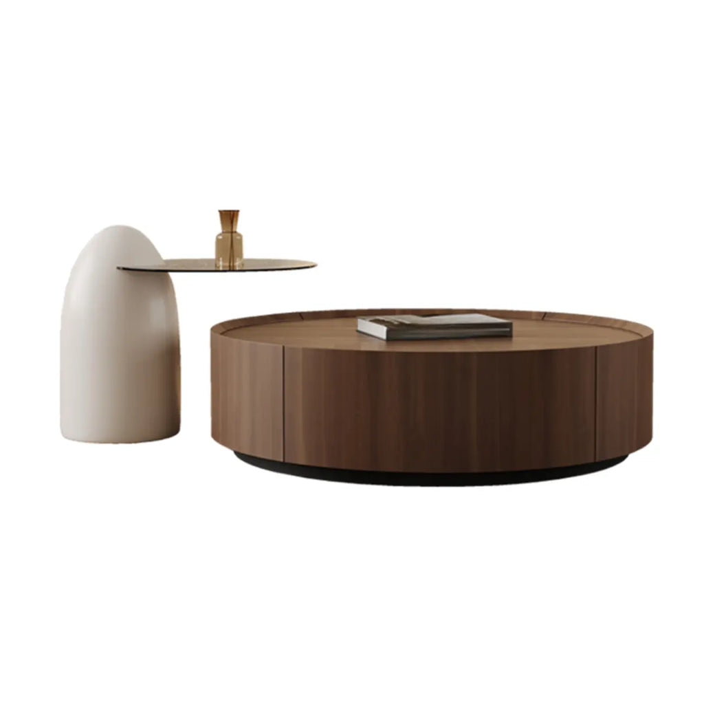 Table basse ronde en bois marron avec plateaux gigognes et 2 tiroirs