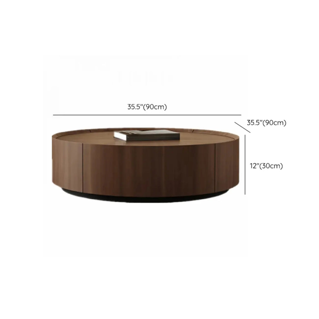 Table basse ronde en bois marron avec plateaux gigognes et 2 tiroirs
