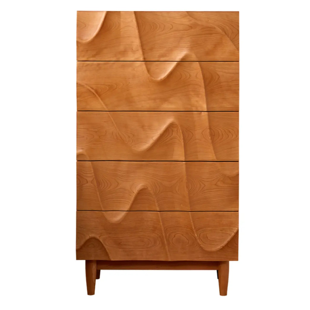 Commode carrée vintage en bois de cerisier texturé de 45 cm de hauteur avec 5 tiroirs