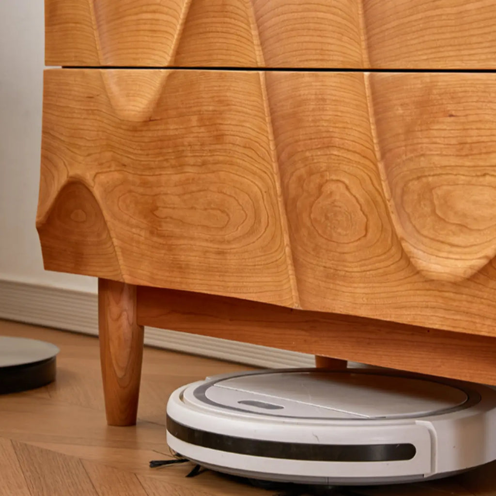 Commode carrée vintage en bois de cerisier texturé de 45 cm de hauteur avec 5 tiroirs