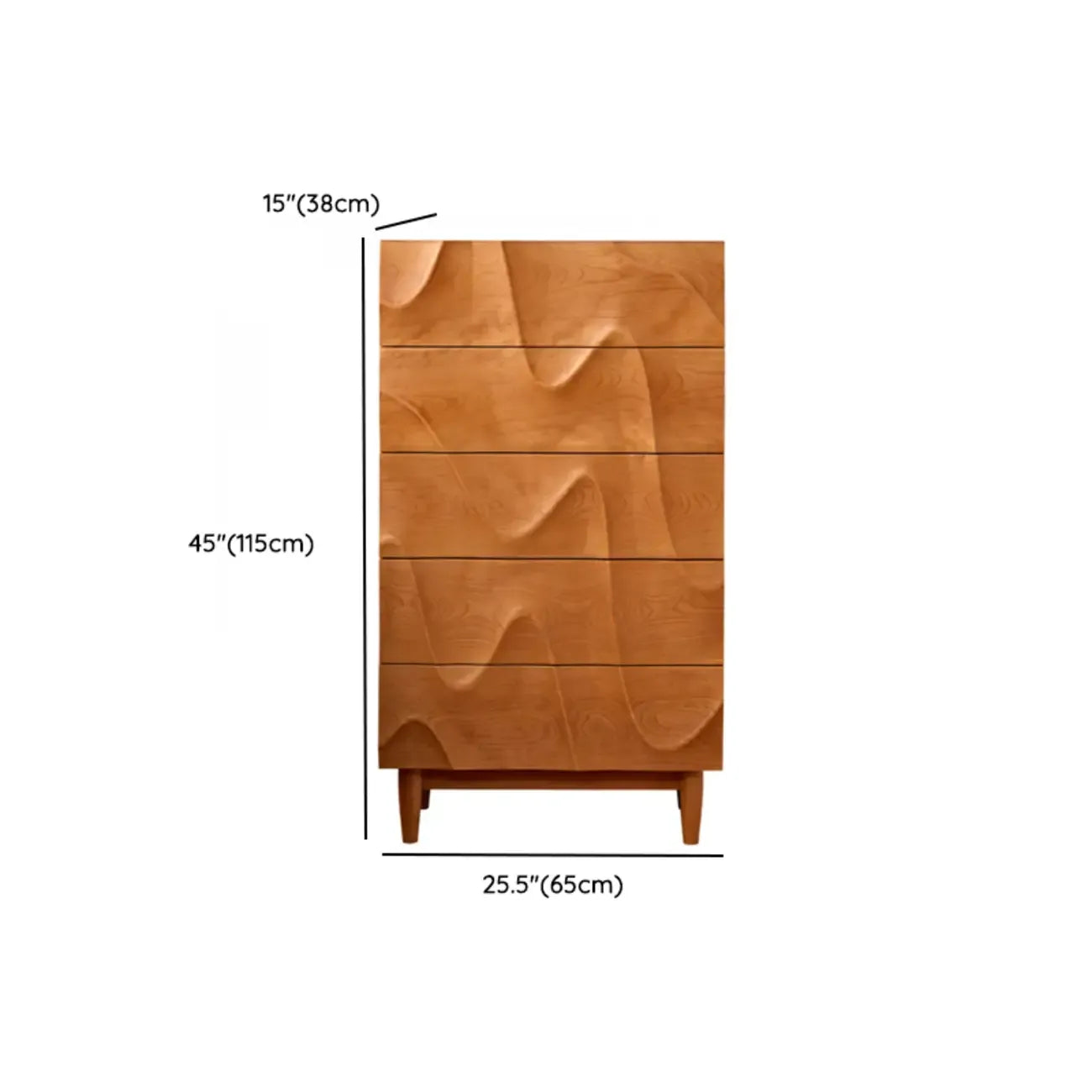 Commode carrée vintage en bois de cerisier texturé de 45 cm de hauteur avec 5 tiroirs