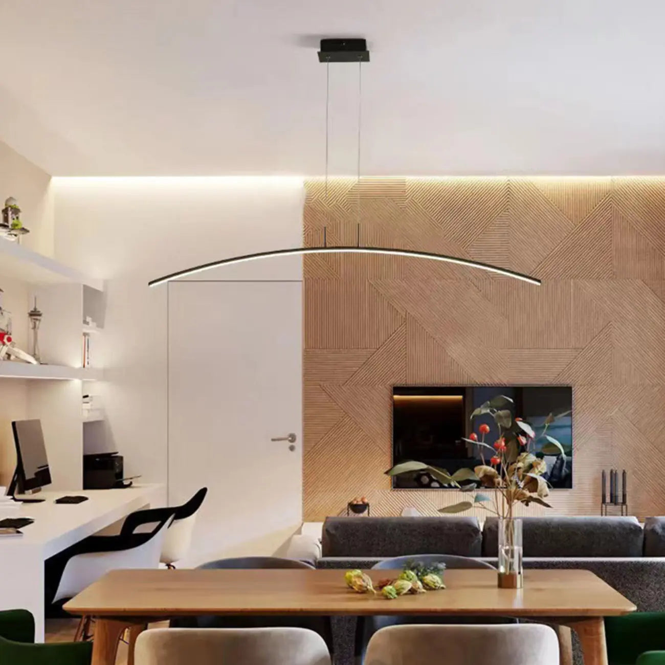 Suspension LED linéaire noire en gel de silice pour îlot, en forme d'arche.