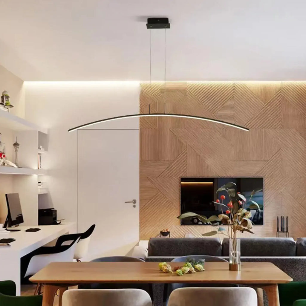 Suspension LED linéaire noire en gel de silice pour îlot, en forme d'arche.