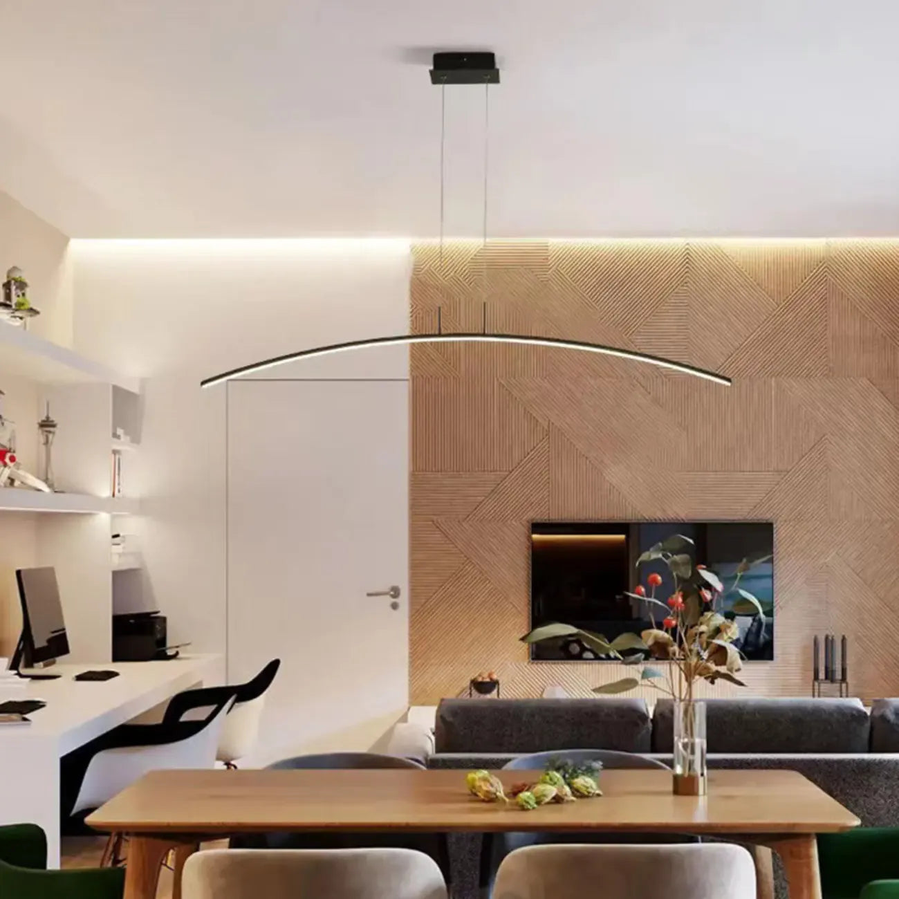 Suspension LED linéaire noire en gel de silice pour îlot, en forme d'arche.