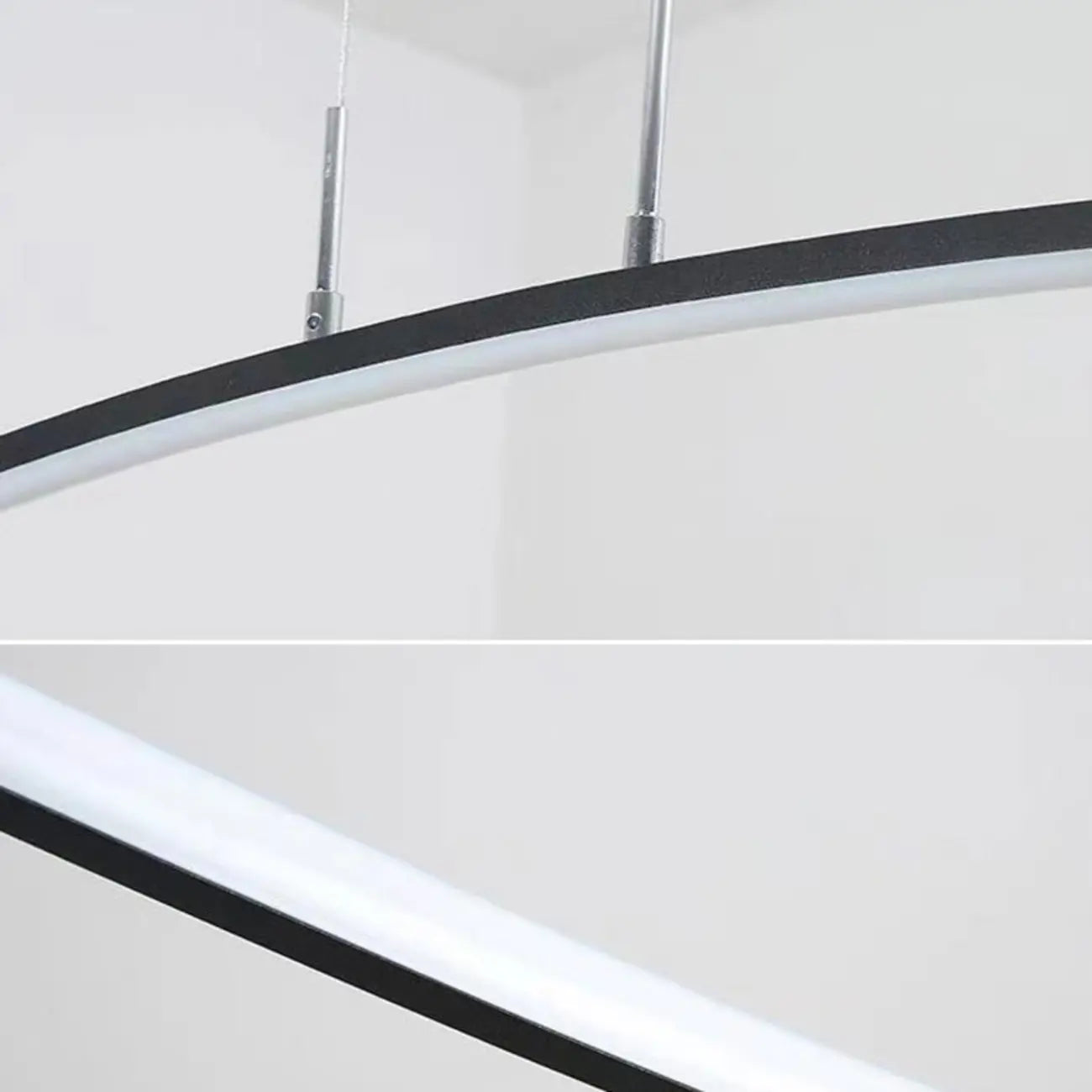 Suspension LED linéaire noire en gel de silice pour îlot, en forme d'arche.