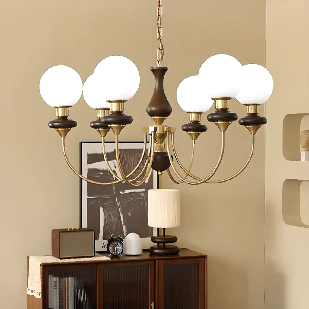 Lustre simple en bois, or et verre blanc, or