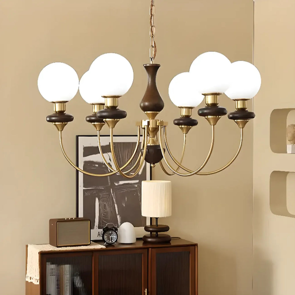 Lustre simple en bois, or et verre blanc, or