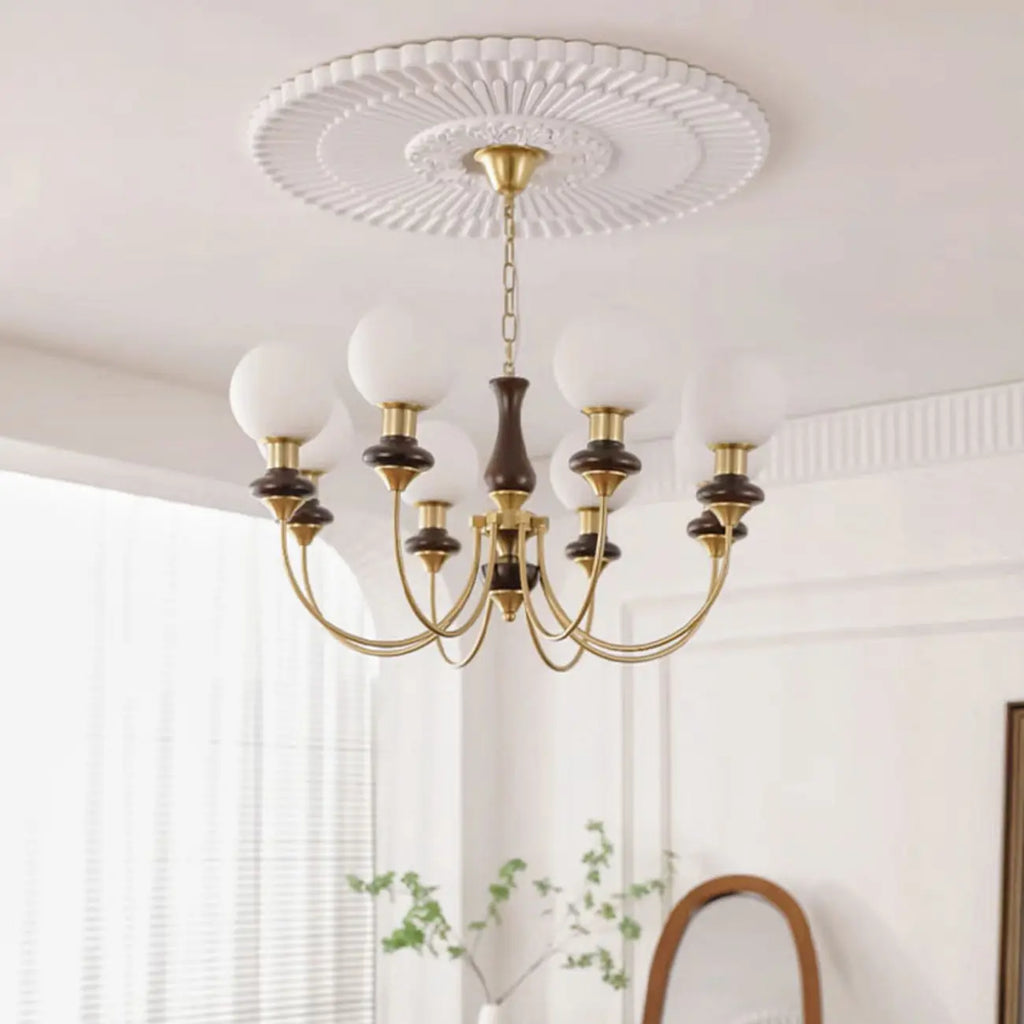 Lustre simple en bois, or et verre blanc, or