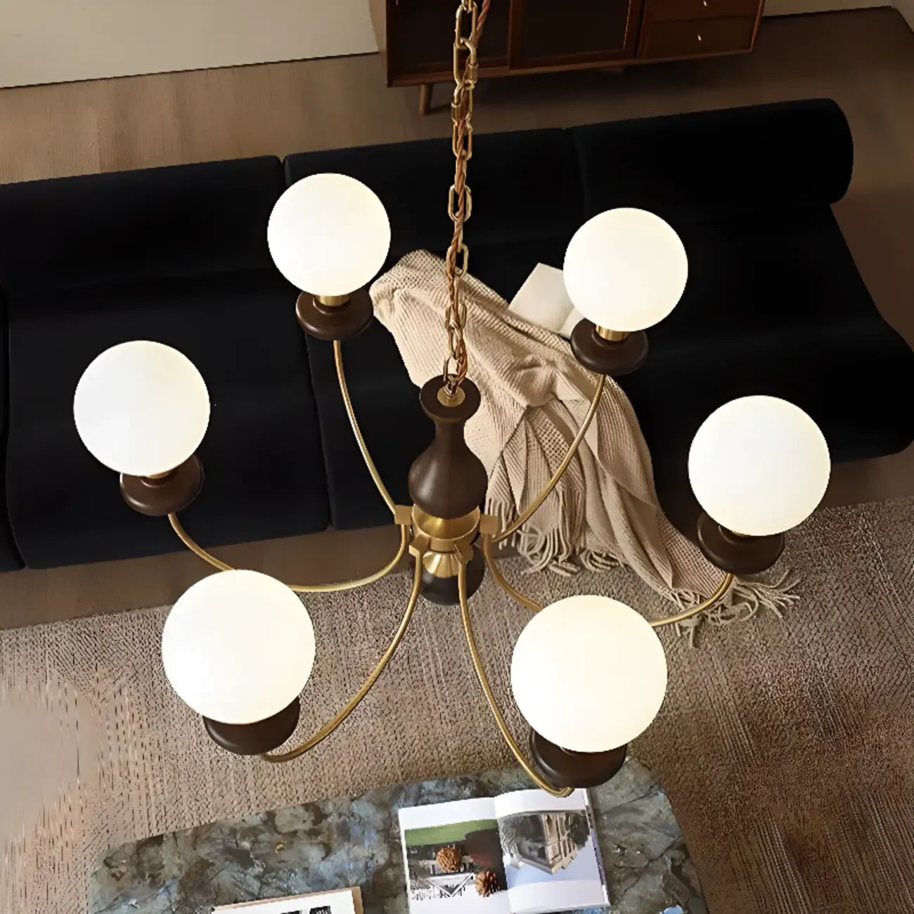 Lustre simple en bois, or et verre blanc, or