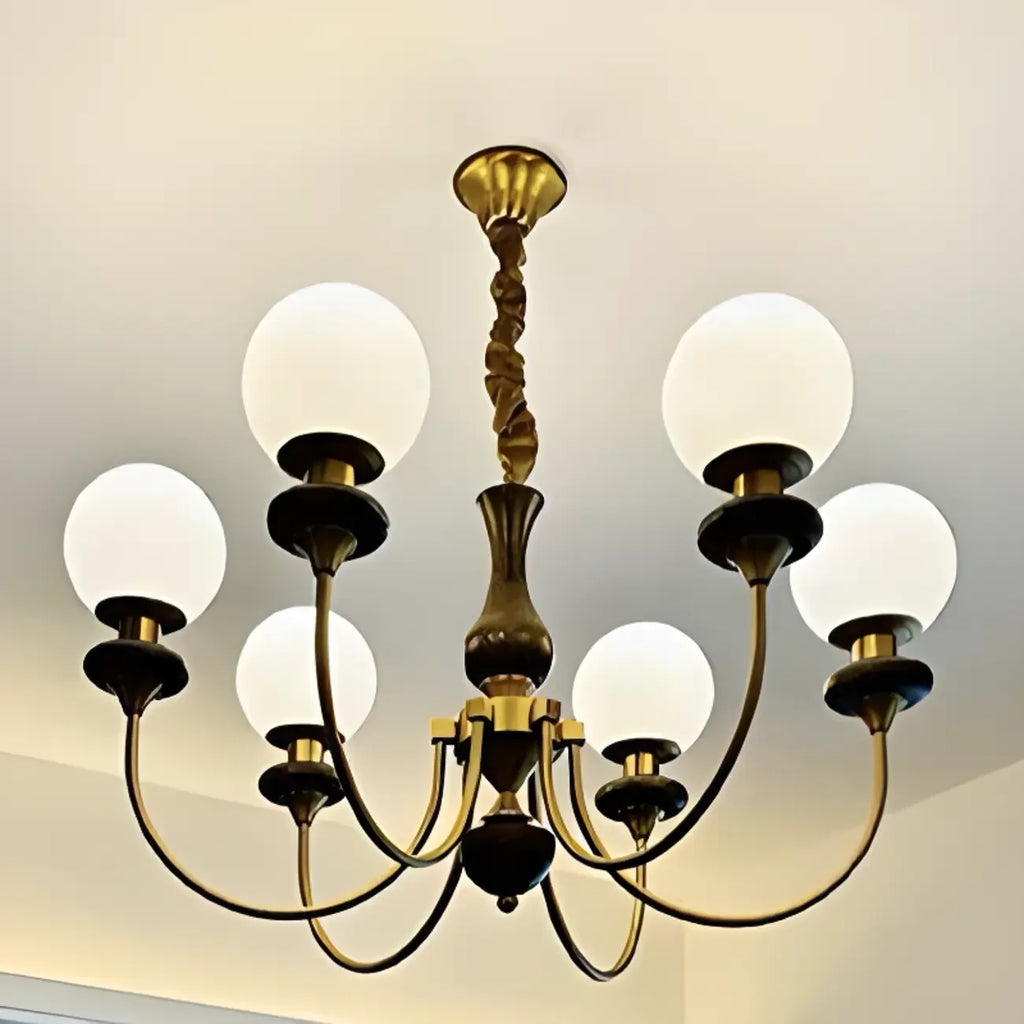 Lustre simple en bois, or et verre blanc, or